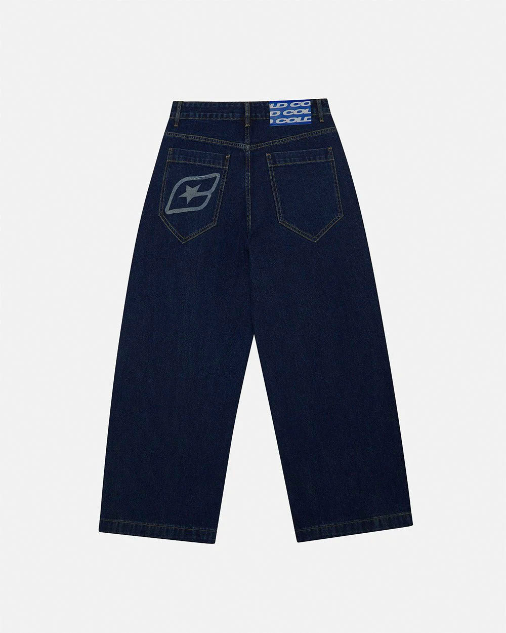 SCRIPT V3 PANTS RAW DENIM - dark blue baggy denim pants, back view - Cold Culture #packshot