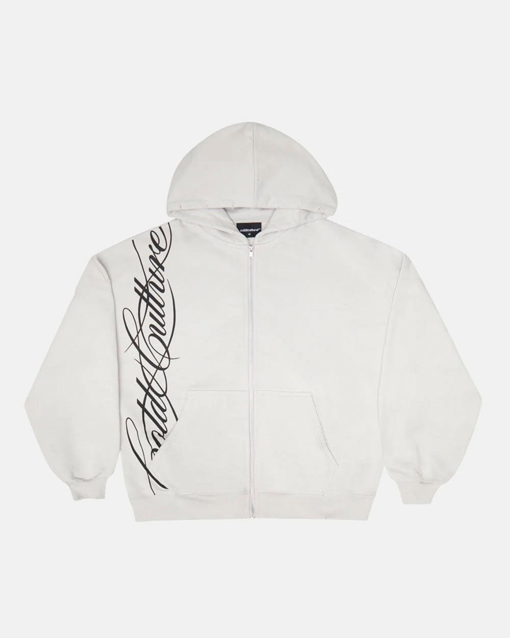 SCRIPT ZIP HOODIE LIGHT GREY - light grey script print zip hoodie, front view - Cold Culture #packshot