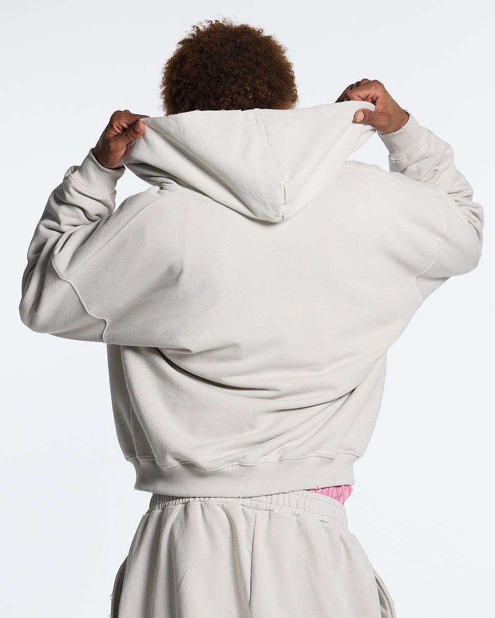 SCRIPT ZIP HOODIE LIGHT GREY - light grey script print zip hoodie, back view on male model - Cold Culture