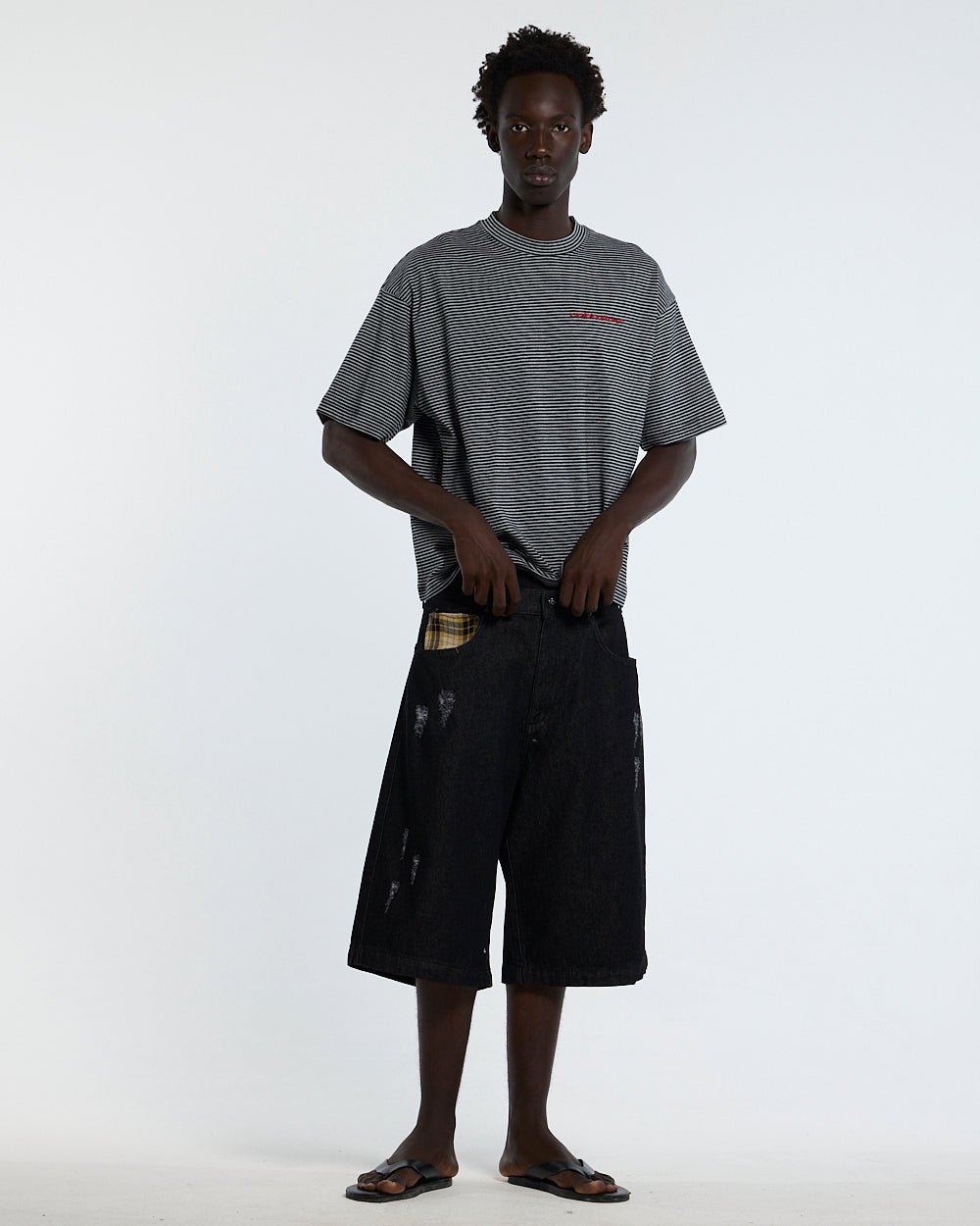 SCRIPTED STRIPES TEE BLACK - black striped tee, front view on male model - Cold Culture #man