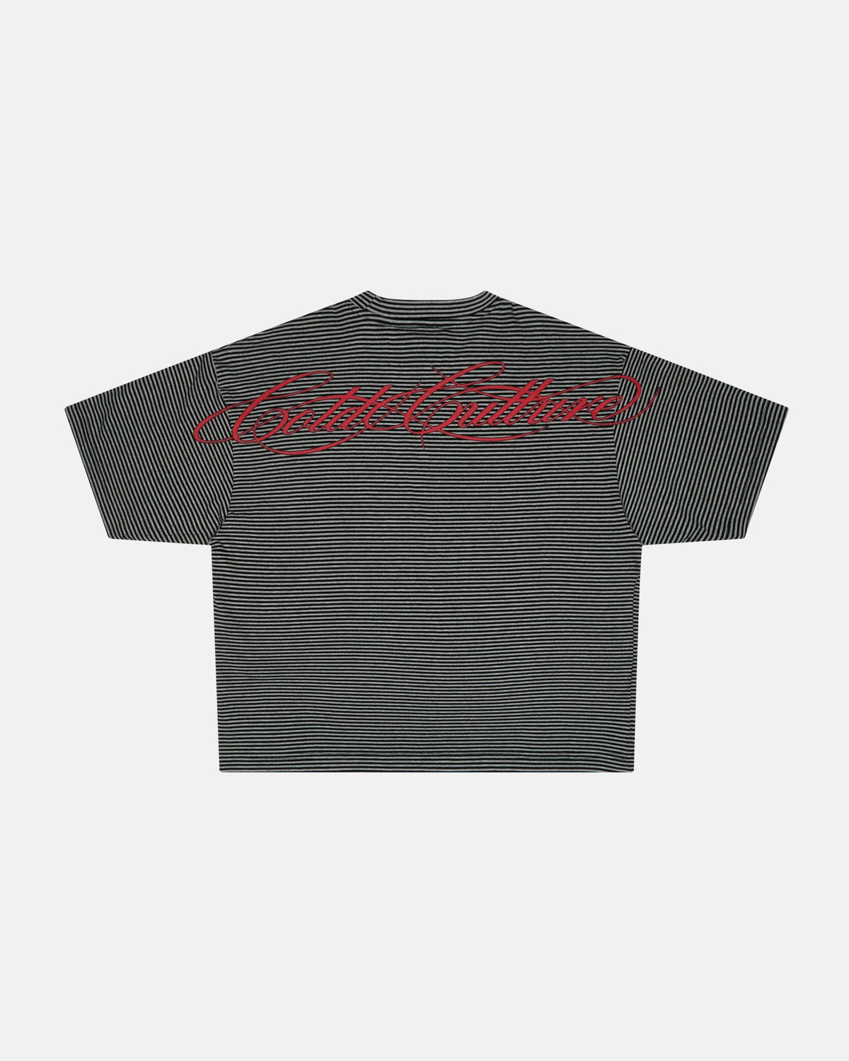 SCRIPTED STRIPES TEE BLACK - black striped tee, back view - Cold Culture #packshot