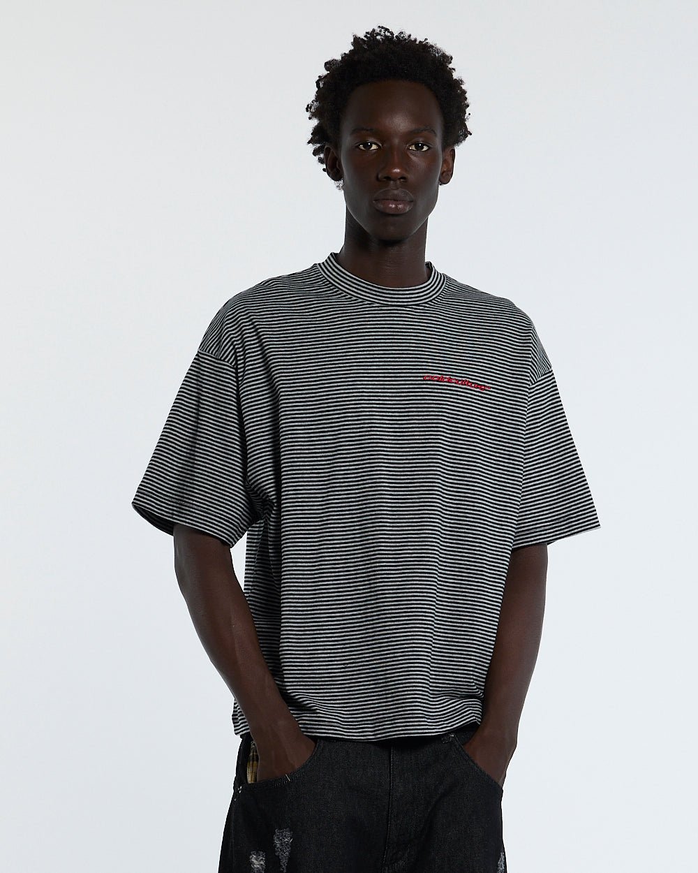 SCRIPTED STRIPES TEE BLACK - black striped tee, front view on male model - Cold Culture #man