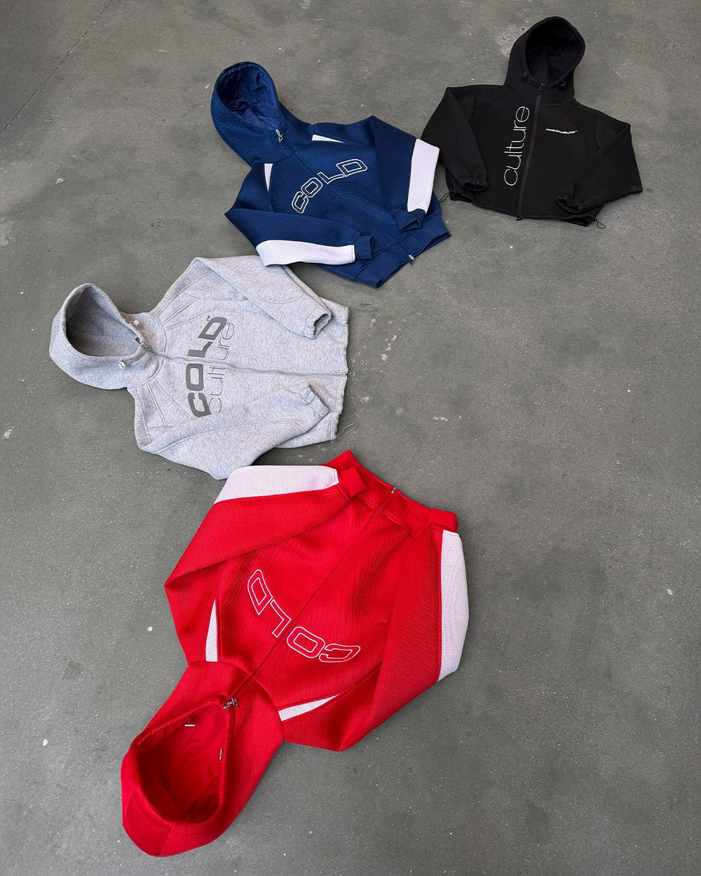 SCUBA ZIP HOODIE GREY & BLACK - black zip-up hoodie, flat lay with matching pieces - Cold Culture