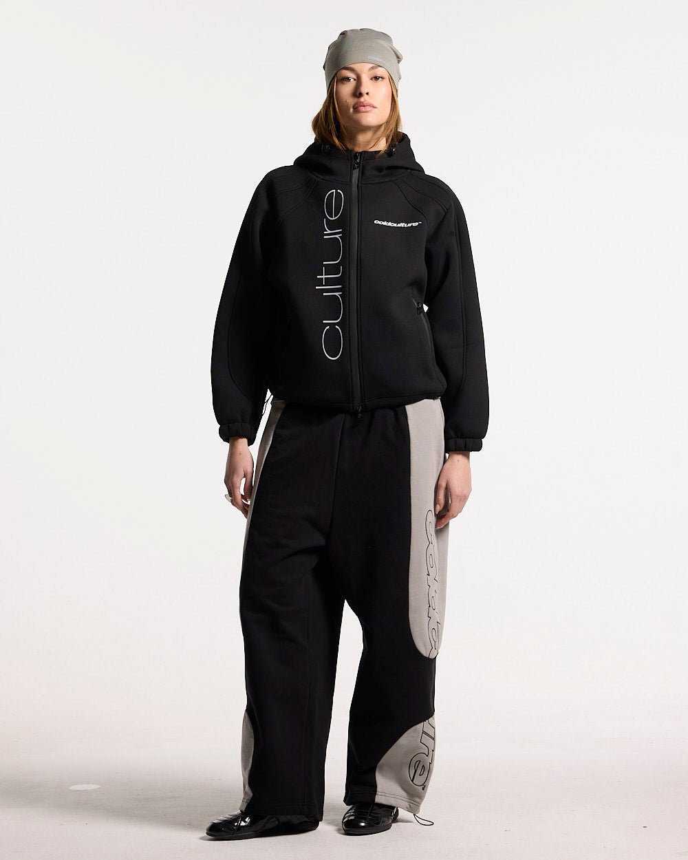 SCUBA ZIP HOODIE GREY & BLACK - black zip-up hoodie, front view on female model - Cold Culture #woman
