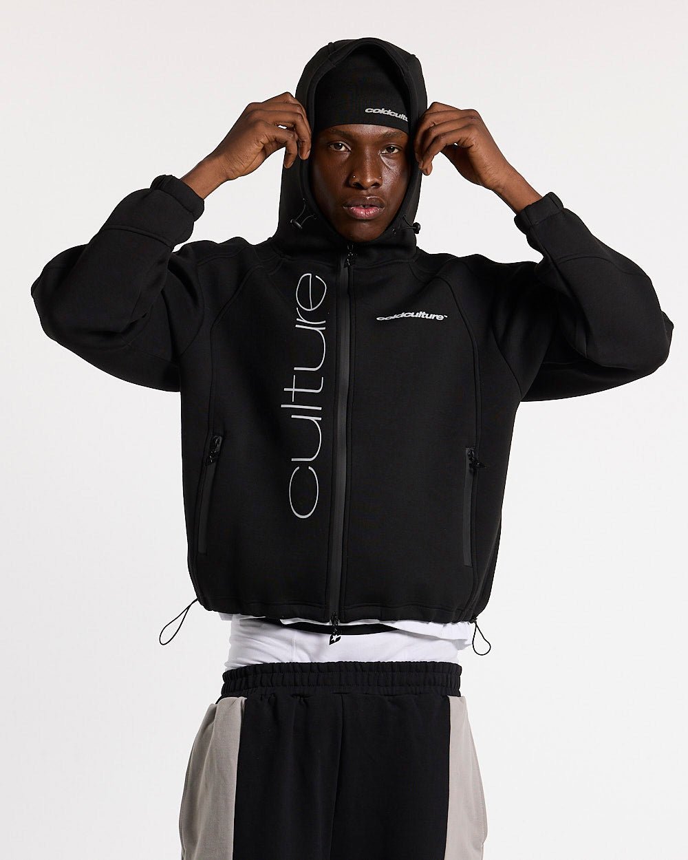 SCUBA ZIP HOODIE GREY & BLACK - black zip-up hoodie, front view on male model - Cold Culture #man
