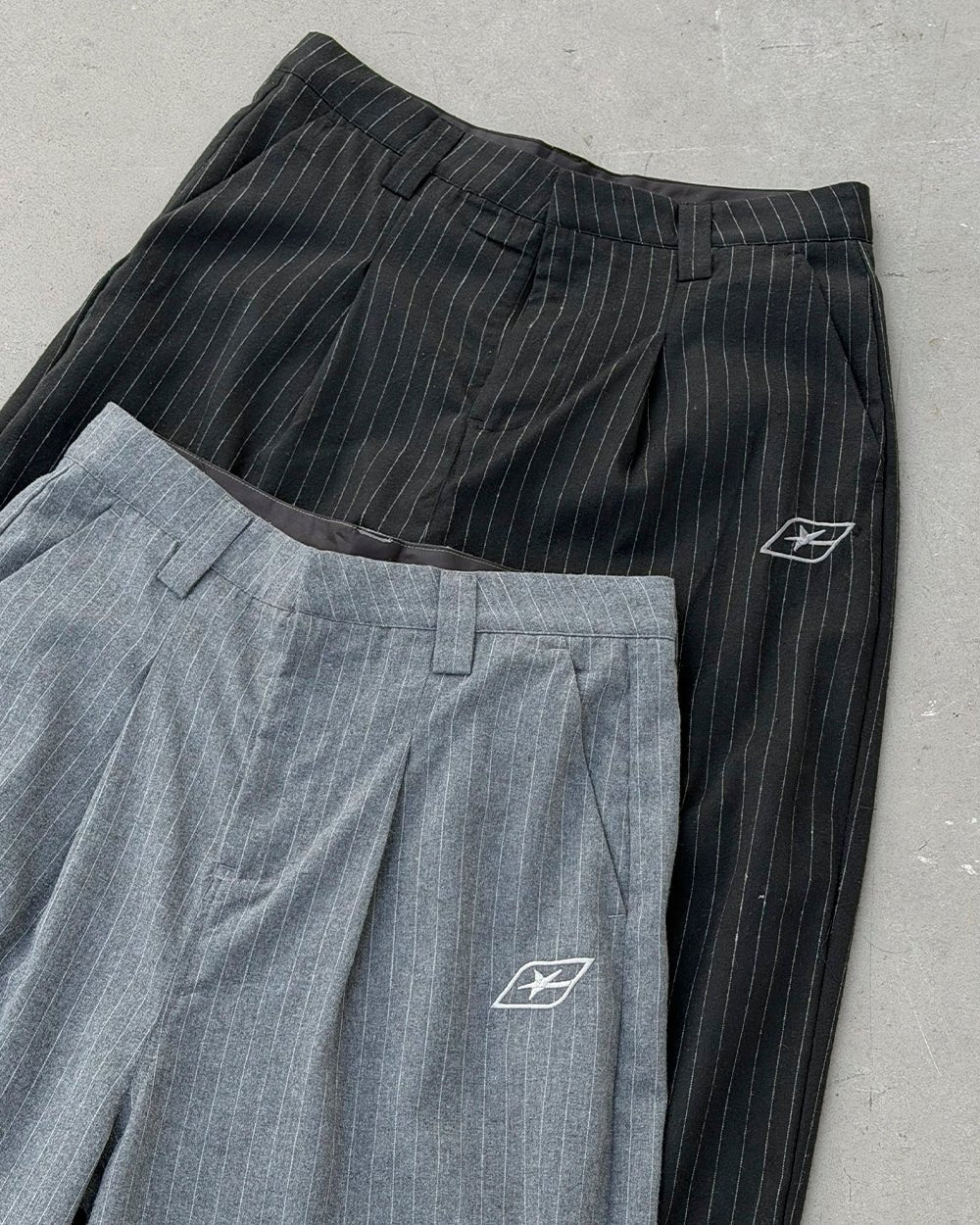 SEAM EFFECT LINE PANTS GREY - grey pinstripe pants, flat lay with matching pieces - Cold Culture