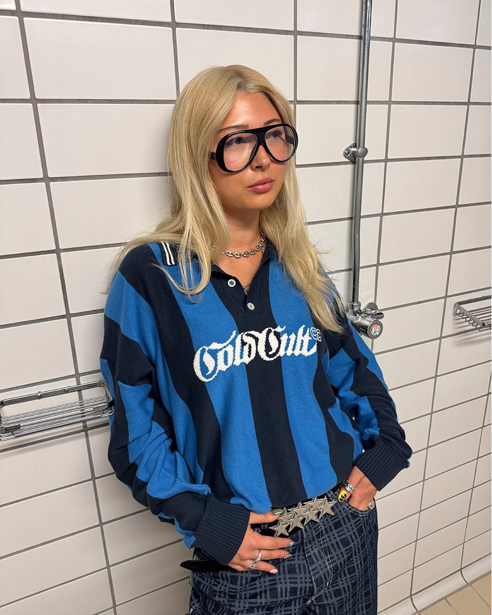 SEAWAVES KNIT BLUE STRIPES - blue striped knit sweater, street style shot - Cold Culture #woman