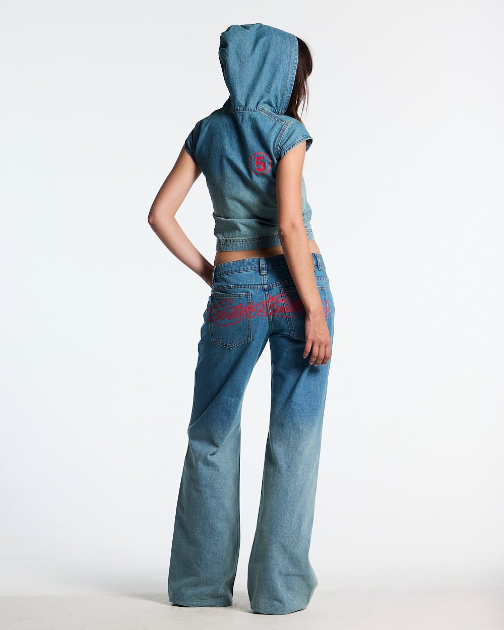 SIGHT BOOTCUT JEANS DENIM - blue washed bootcut jeans, back view on female model - Cold Culture #woman