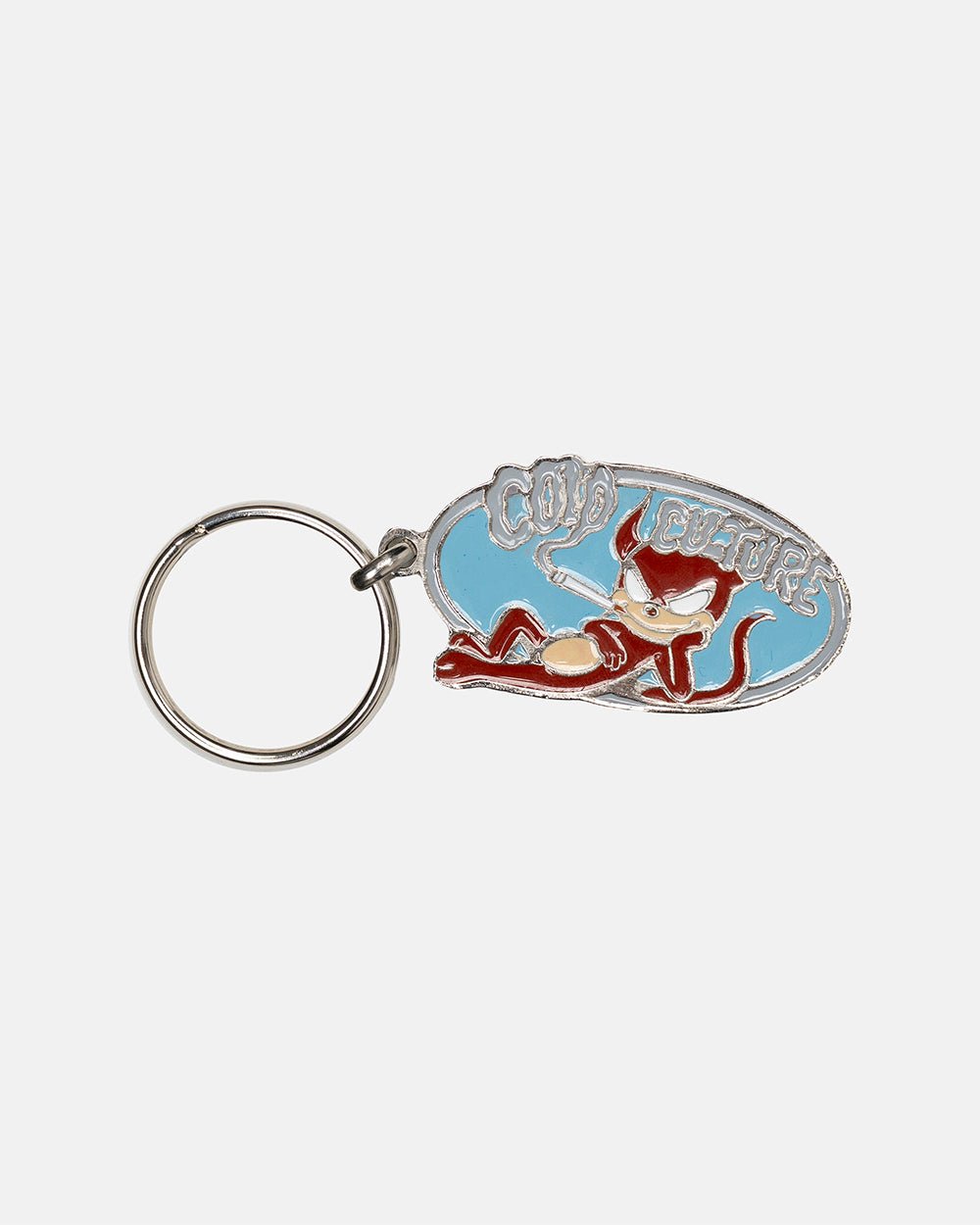 SMOKE KEVIL AGAIN KEYCHAIN - blue enamel cartoon keychain, front view - Cold Culture #packshot