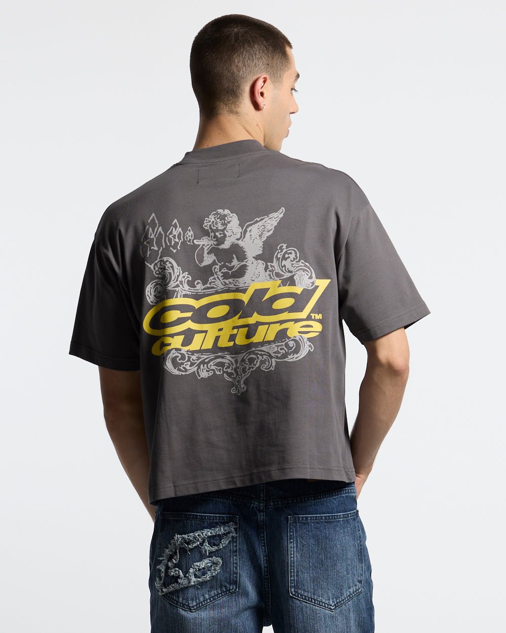 SMOKING ANGEL GREY - grey graphic print tee, back view on male model - Cold Culture #man