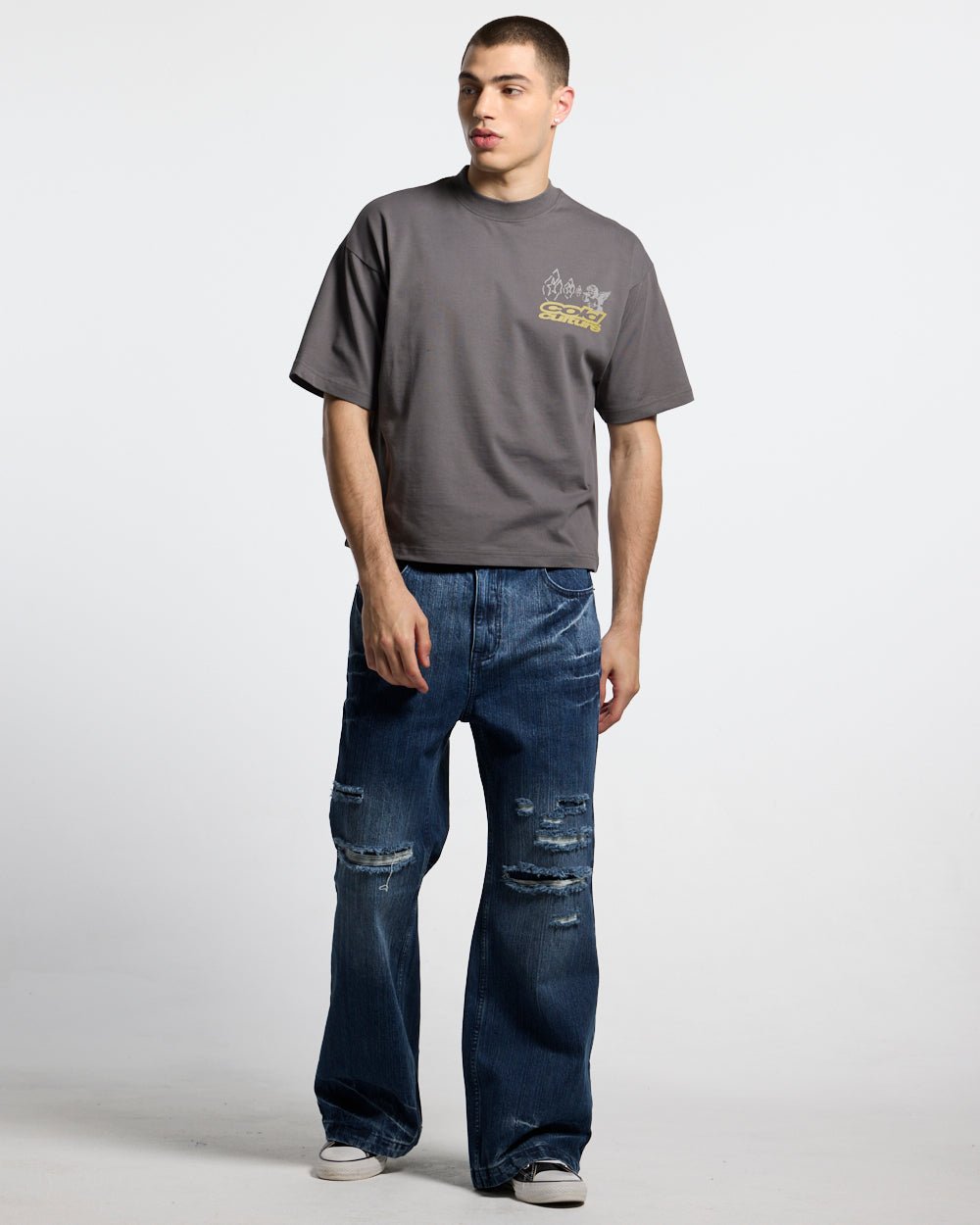 SMOKING ANGEL GREY - grey graphic print tee, front view on male model - Cold Culture #man