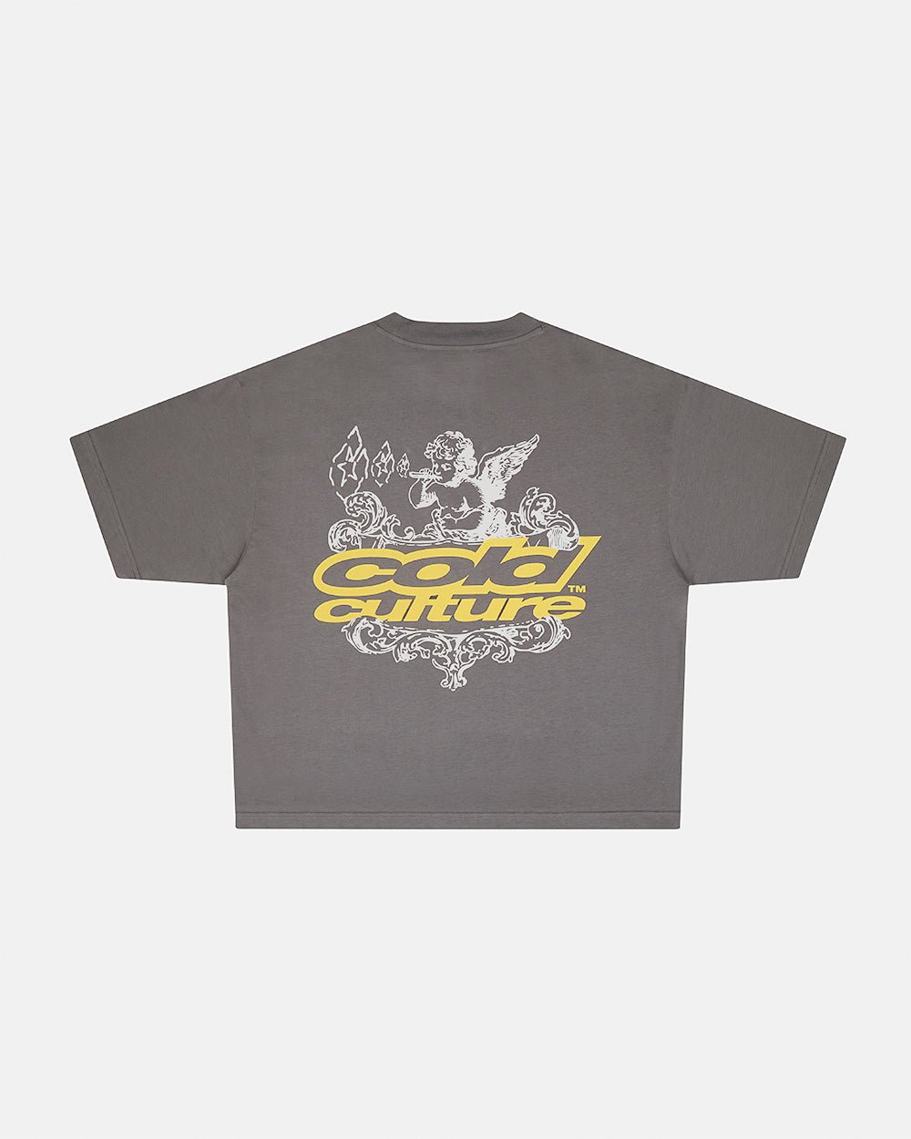 SMOKING ANGEL GREY - grey graphic print tee, back view - Cold Culture #packshot