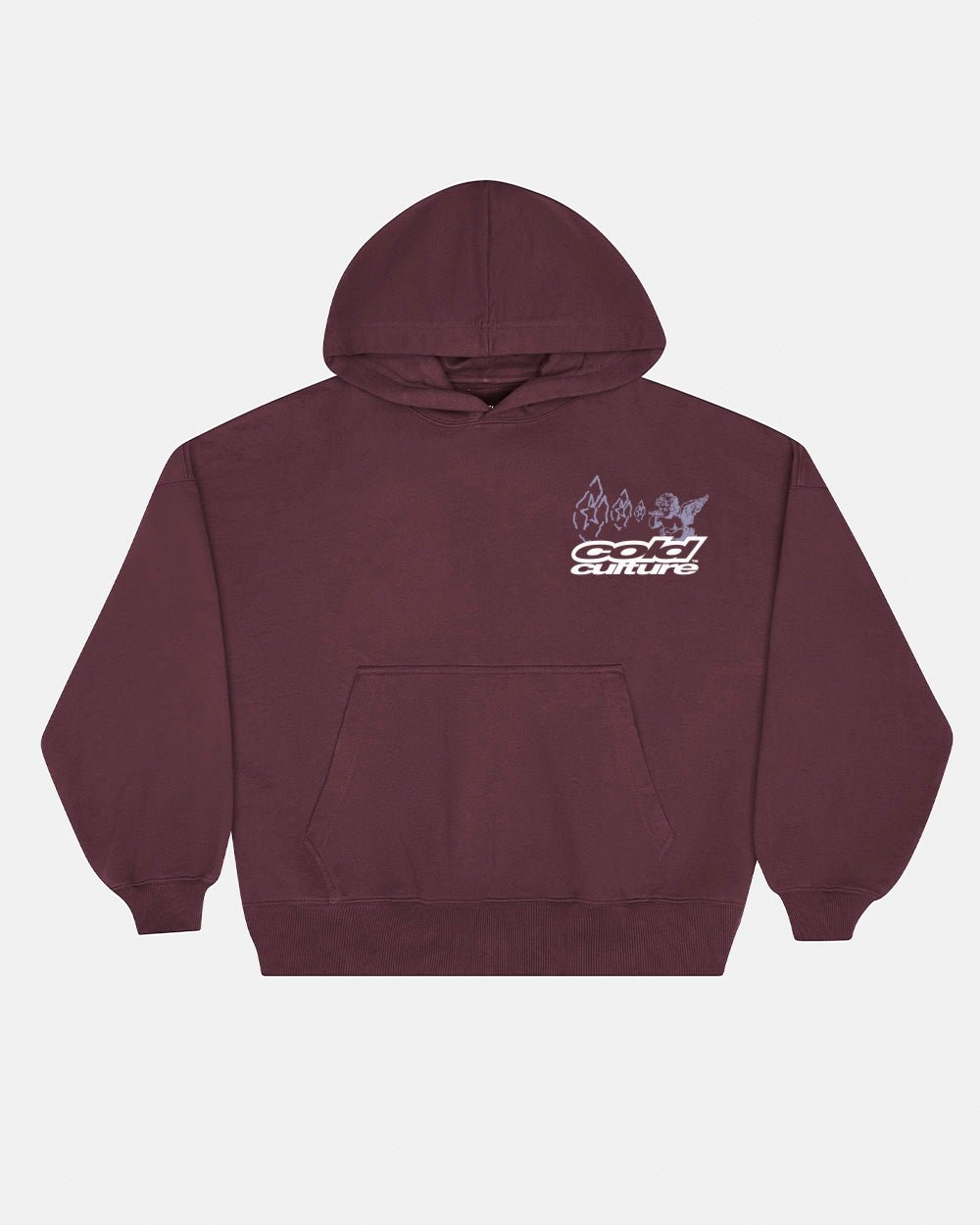 SMOKING ANGEL HOODIE BURGUNDY - burgundy graphic print hoodie, front view - Cold Culture #packshot