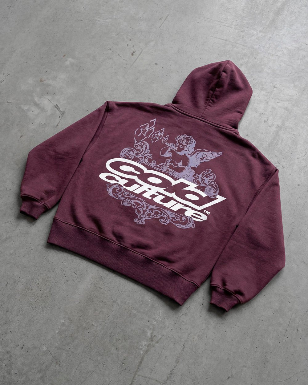 SMOKING ANGEL HOODIE BURGUNDY - burgundy graphic print hoodie, flat lay - Cold Culture