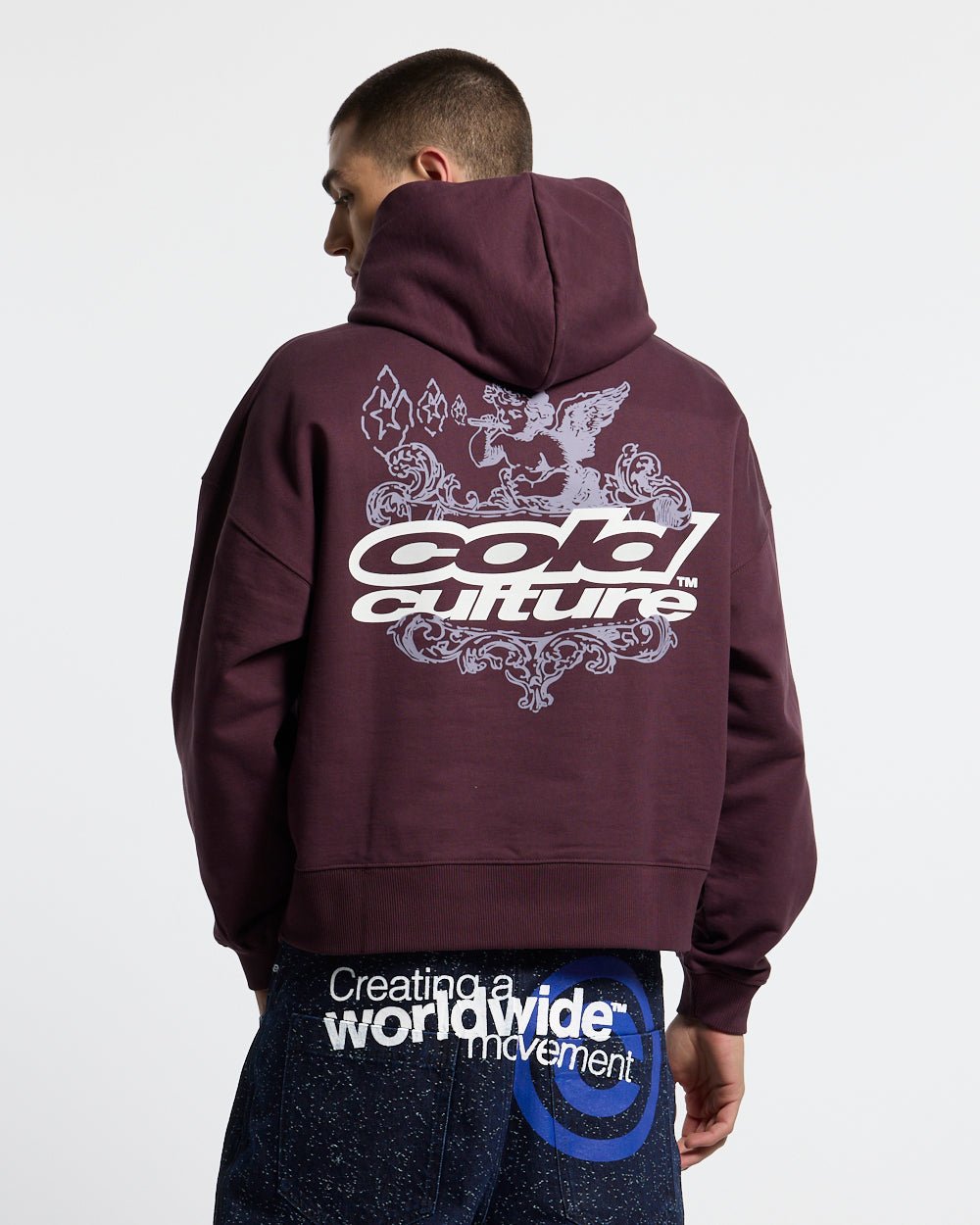 SMOKING ANGEL HOODIE BURGUNDY - burgundy graphic print hoodie, back view on male model - Cold Culture
