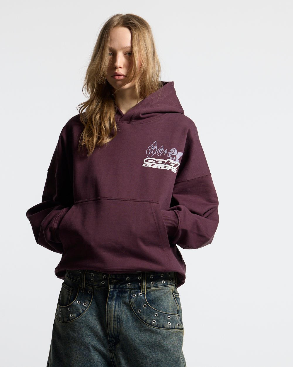 SMOKING ANGEL HOODIE BURGUNDY - burgundy graphic print hoodie, front view on female model - Cold Culture #woman