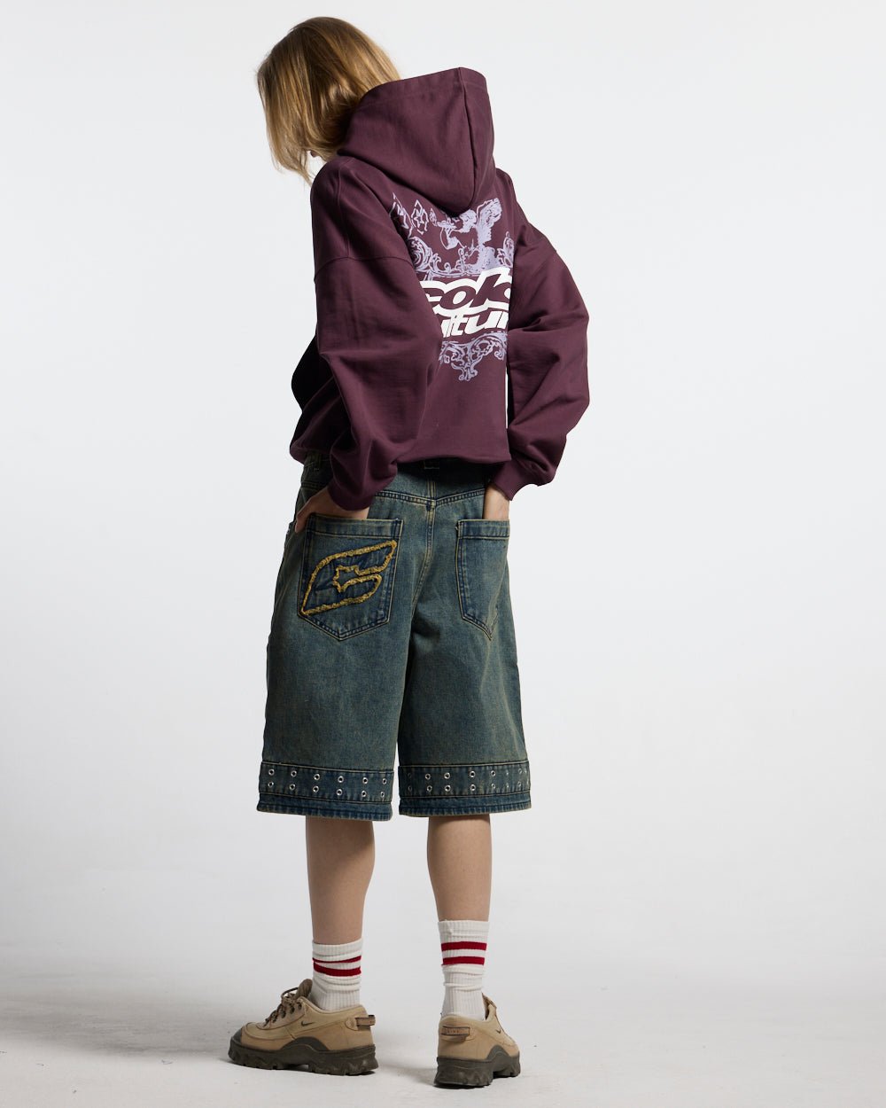 SMOKING ANGEL HOODIE BURGUNDY - burgundy graphic print hoodie, back view on female model - Cold Culture #woman