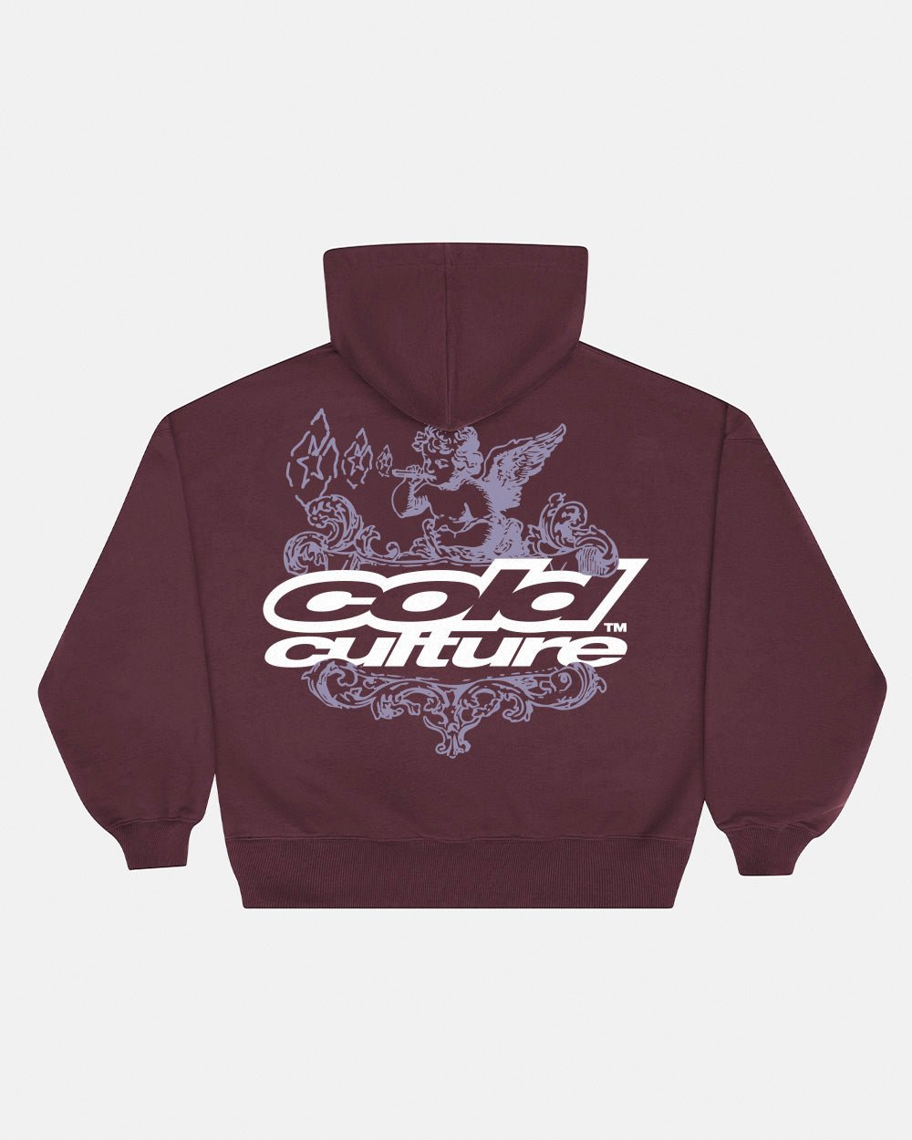 SMOKING ANGEL HOODIE BURGUNDY - burgundy graphic print hoodie, back view - Cold Culture #packshot