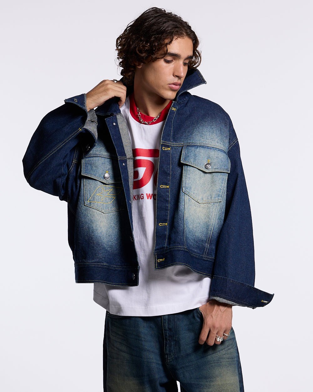 SOFT FUR DENIM JACKET RAW DENIM - dark denim jacket with fur collar, front view on male model - Cold Culture #man