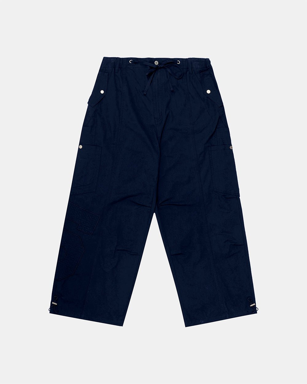 SOLID CARGO PANTS NAVY - navy cargo pants, flat lay - Cold Culture #packshot
