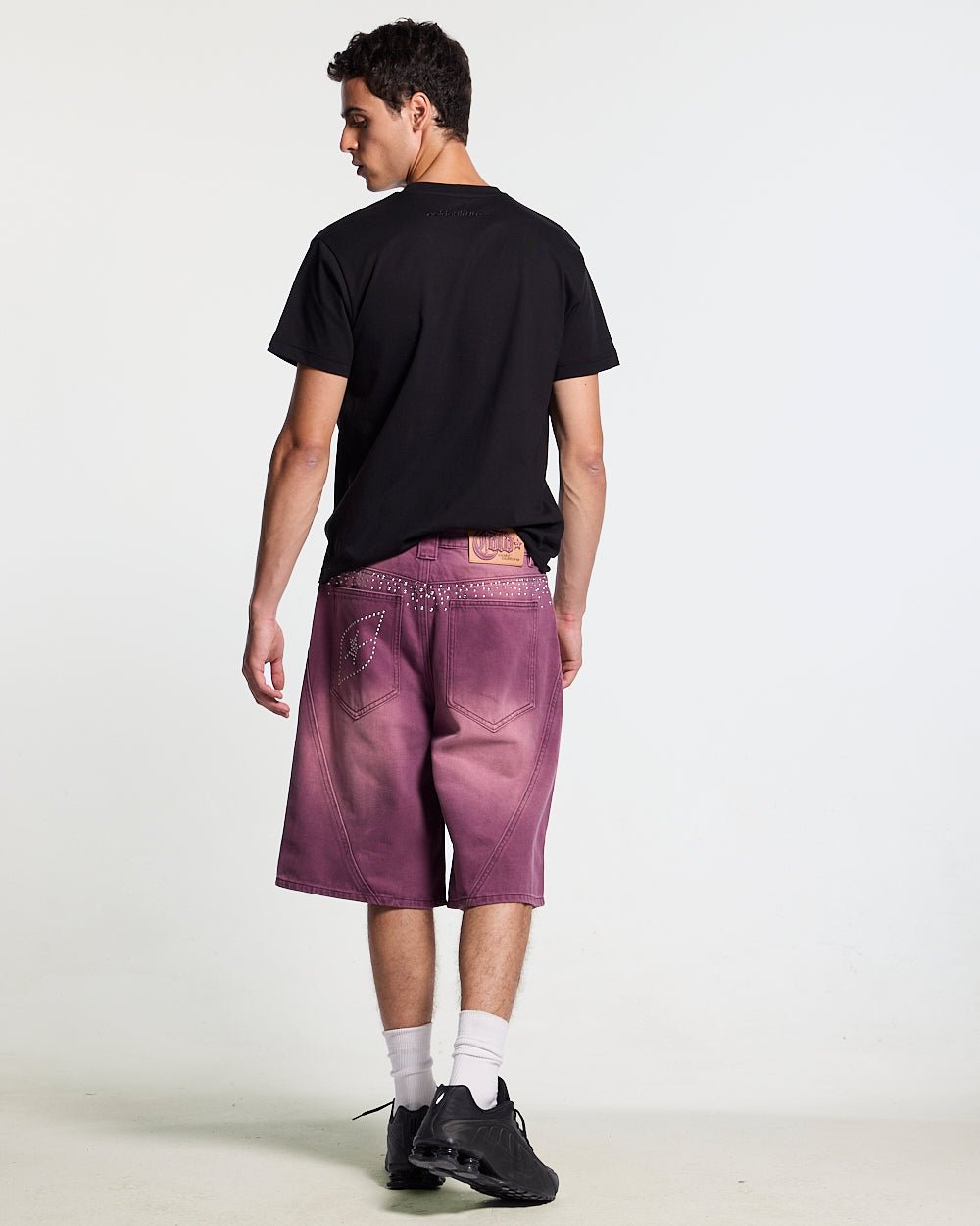 SPARK SHORTS BURGUNDY - washed burgundy denim shorts, back view on male model - Cold Culture #man