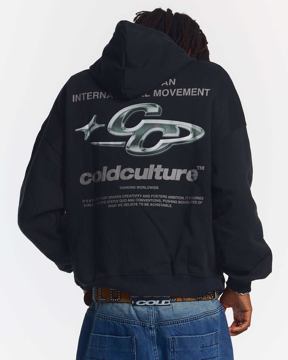 SPARKLY HOODIE BLACK - black graphic print hoodie, back view on male model - Cold Culture