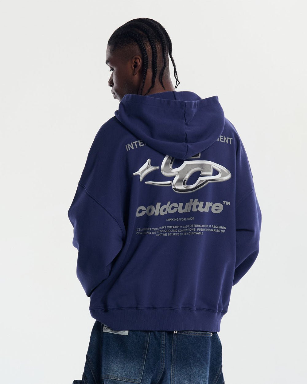 SPARKLY HOODIE COSMIC BLUE - navy blue oversized hoodie, back view on male model - Cold Culture