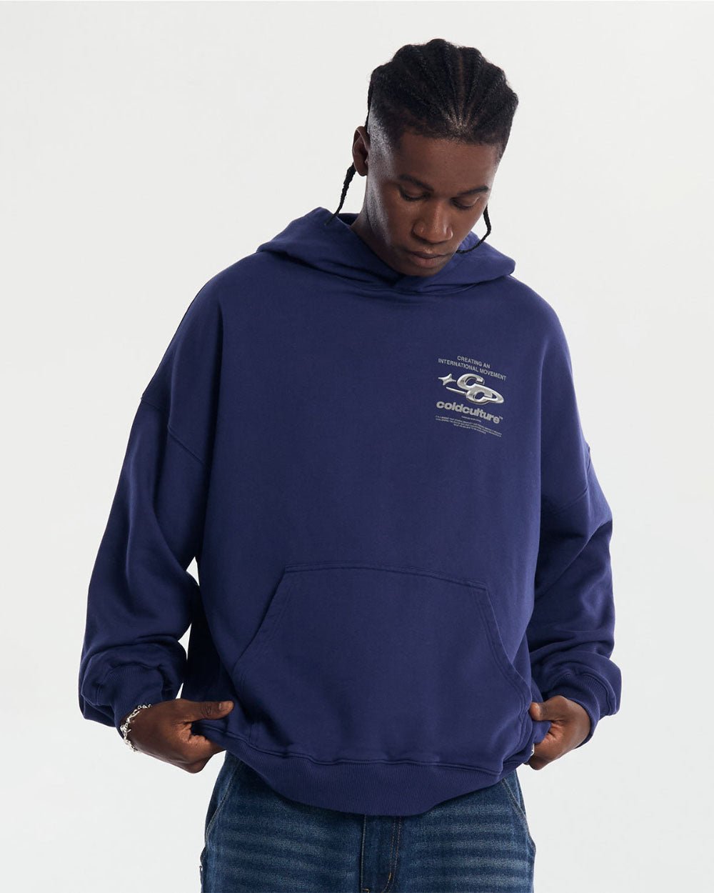 SPARKLY HOODIE COSMIC BLUE - navy blue oversized hoodie, front view on male model - Cold Culture #man