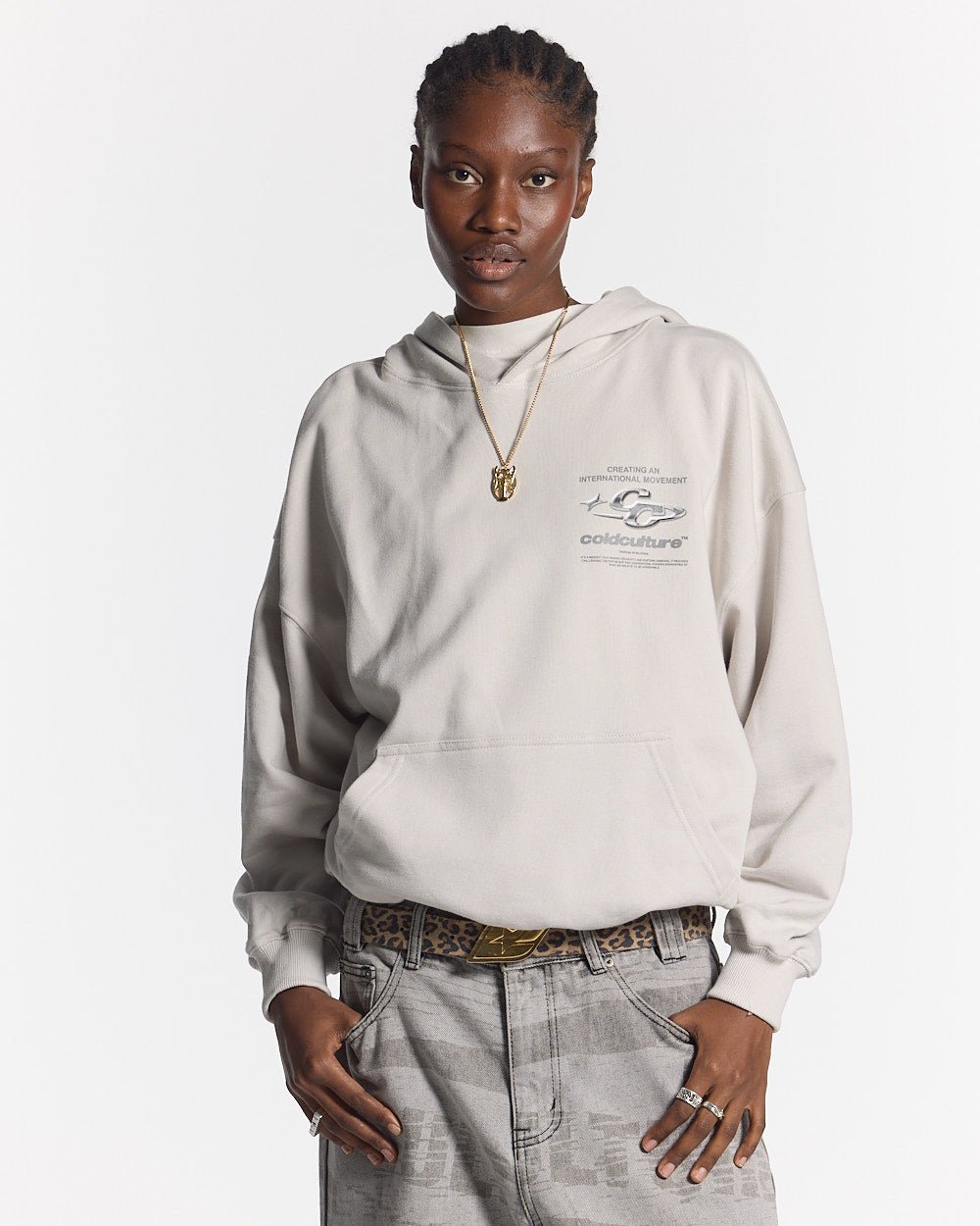 SPARKLY HOODIE PEARL GREY - pearl grey oversized hoodie, front view on female model - Cold Culture #woman