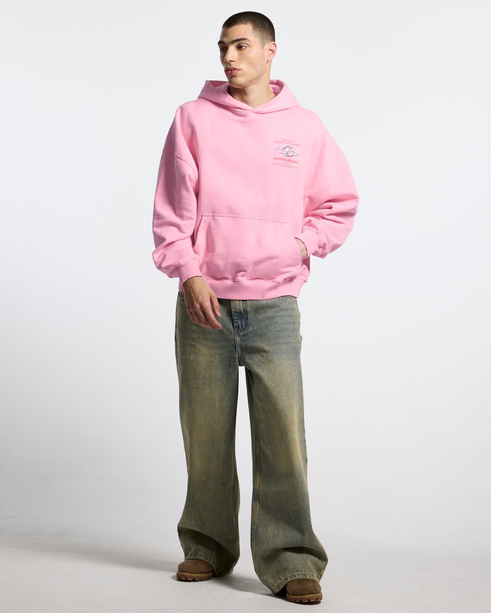 SPARKLY HOODIE PINK - pink graphic print hoodie, front view on male model - Cold Culture #man