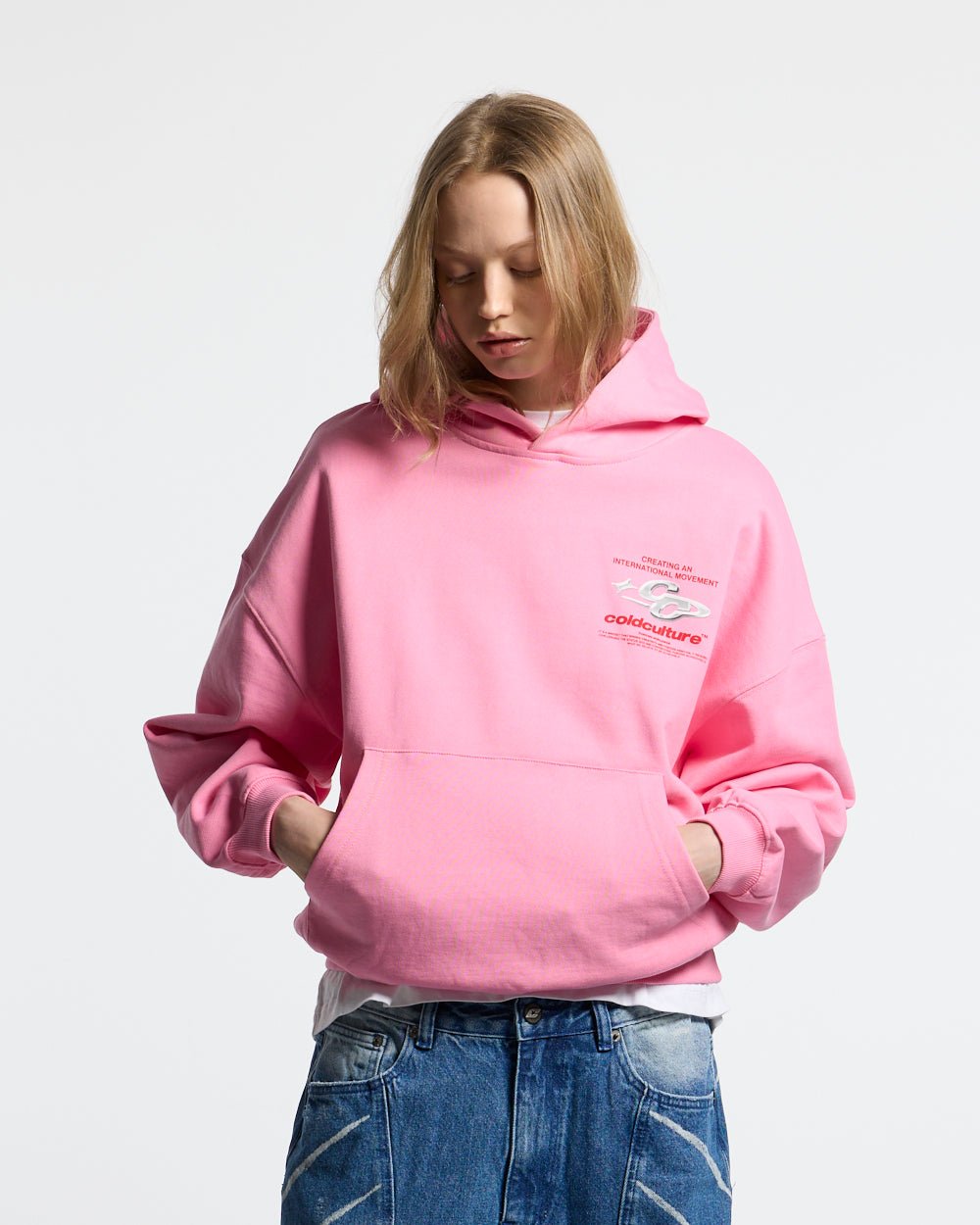 SPARKLY HOODIE PINK - pink graphic print hoodie, front view on female model - Cold Culture #woman