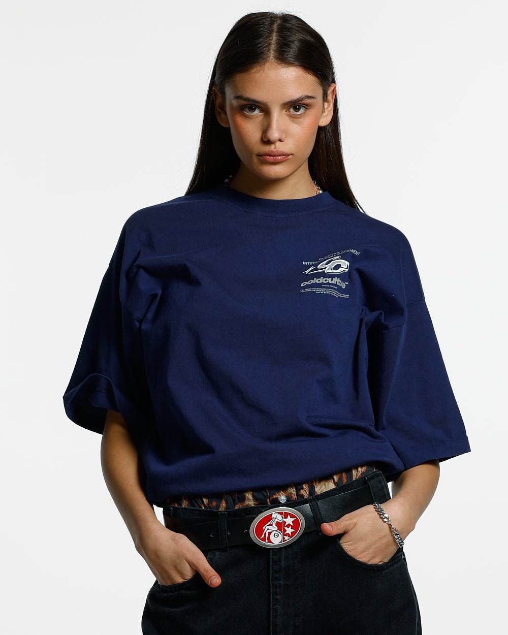 SPARKLY TEE COSMIC BLUE - navy blue graphic print tee, front view on female model - Cold Culture #woman