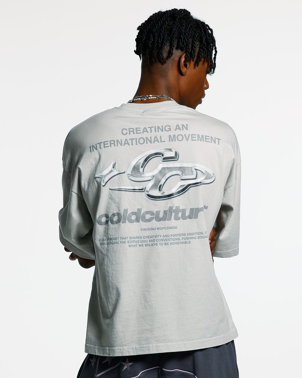 SPARKLY TEE LIGHT GREY - light grey graphic print tee, back view on male model - Cold Culture #man