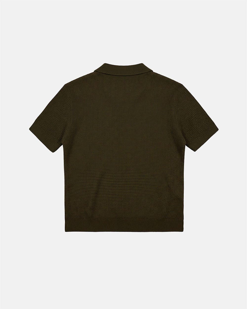 SPARROW KNIT POLO GREEN - olive green knit polo shirt, back view - Cold Culture #packshot