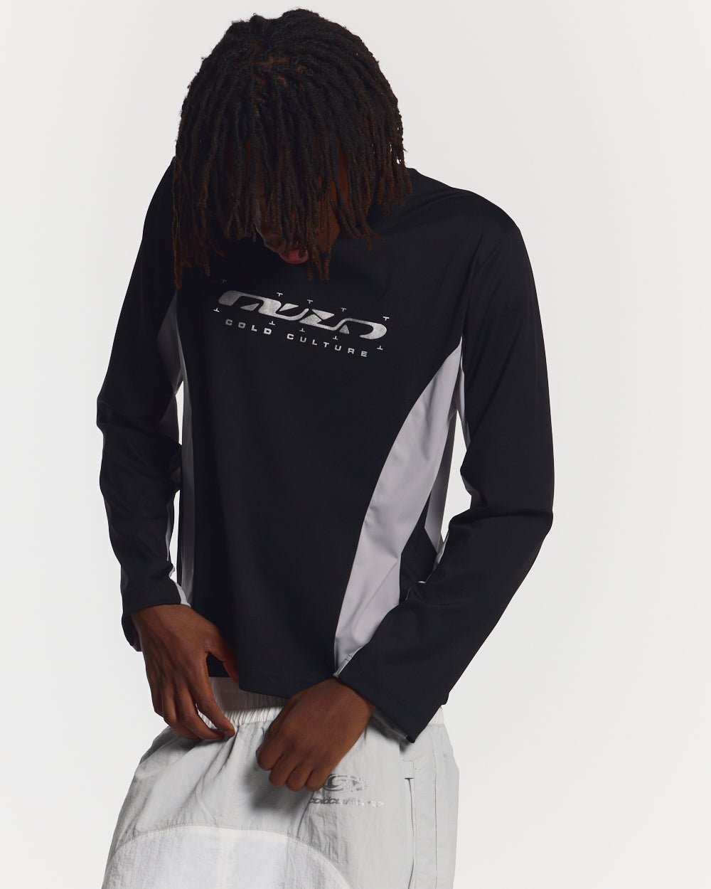 SPEED LONGSLEEVE BLACK - black two-tone longsleeve tee, front view on male model - Cold Culture #man