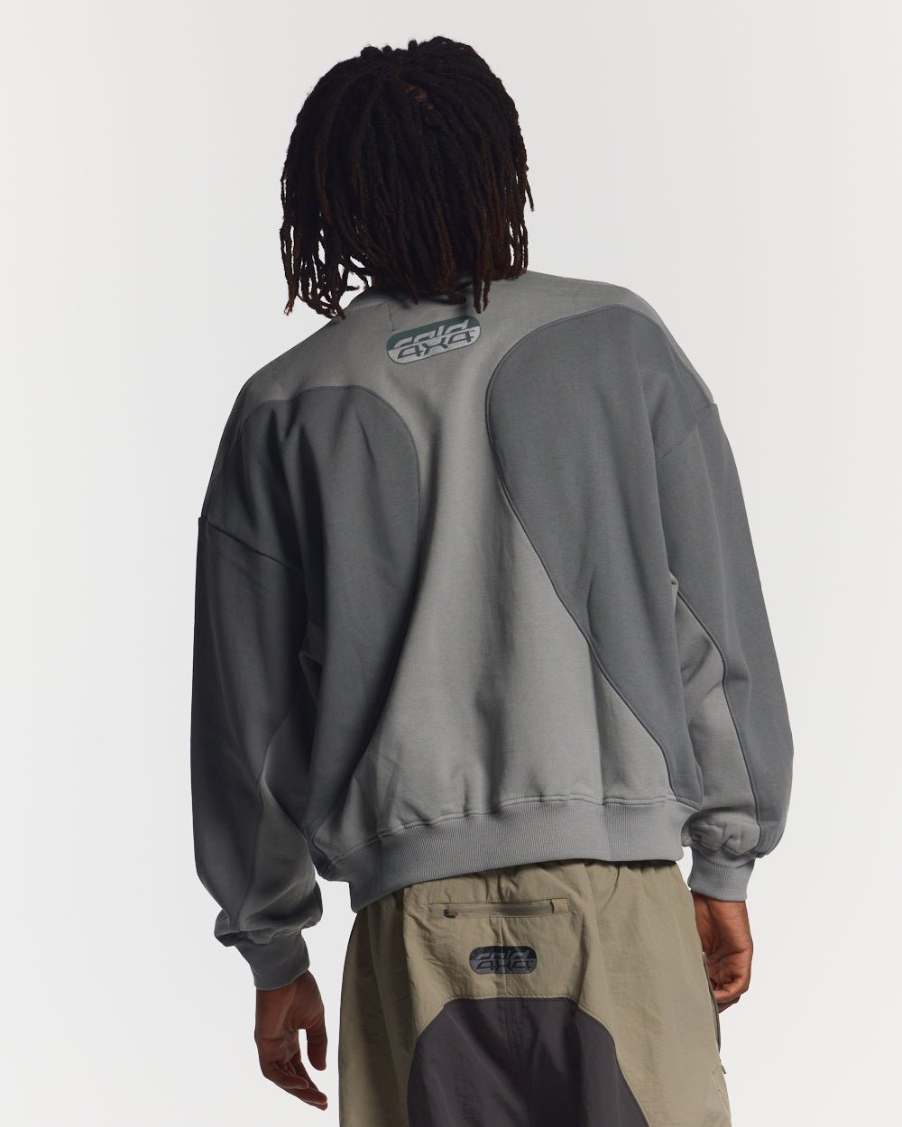 SPEED & SHINE CREWNECK GREY - grey two-tone crewneck sweatshirt, back view on male model - Cold Culture #man