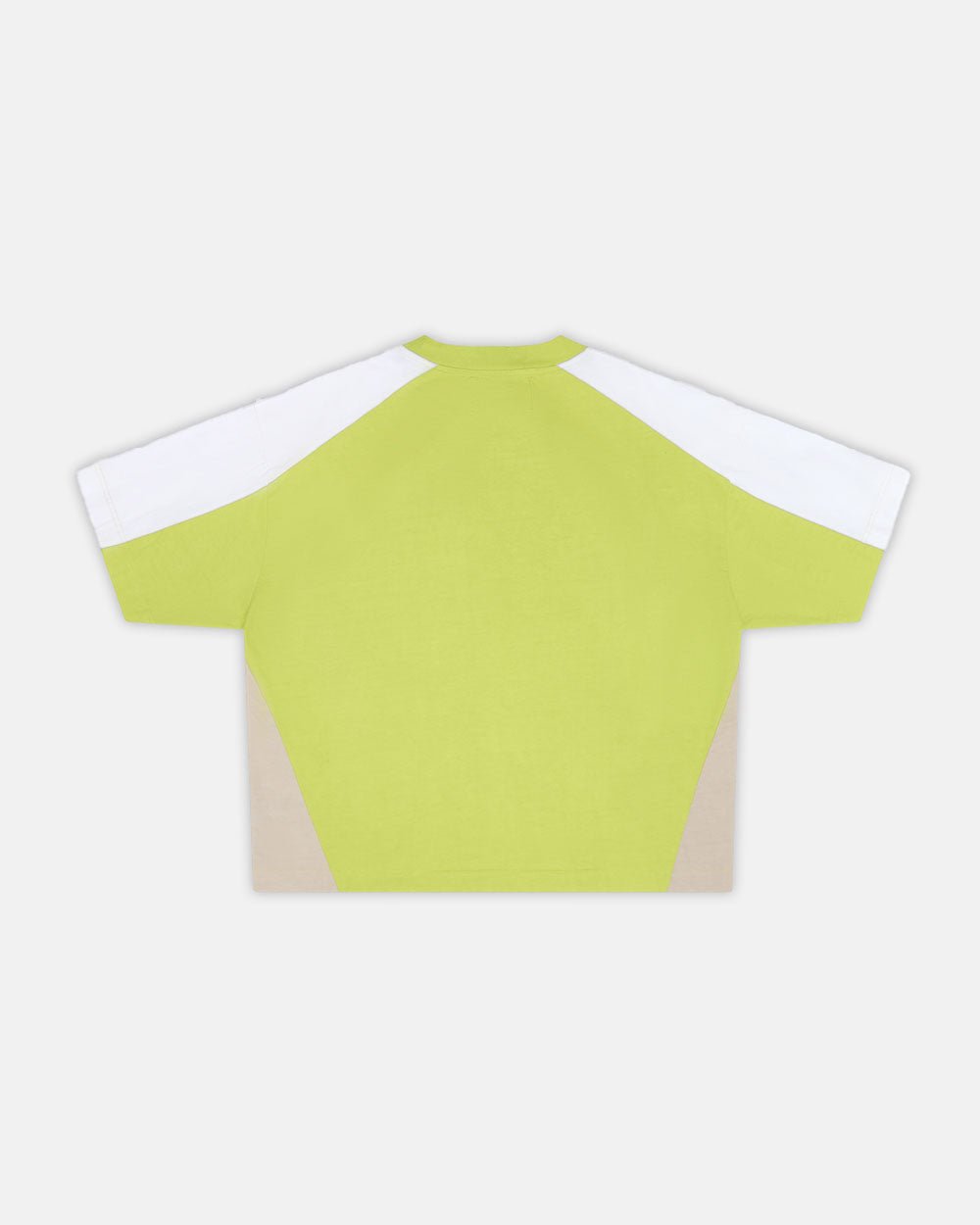 SPEED SPOKE TEE GREEN & GREY - green and white panelled tee, back view - Cold Culture #packshot