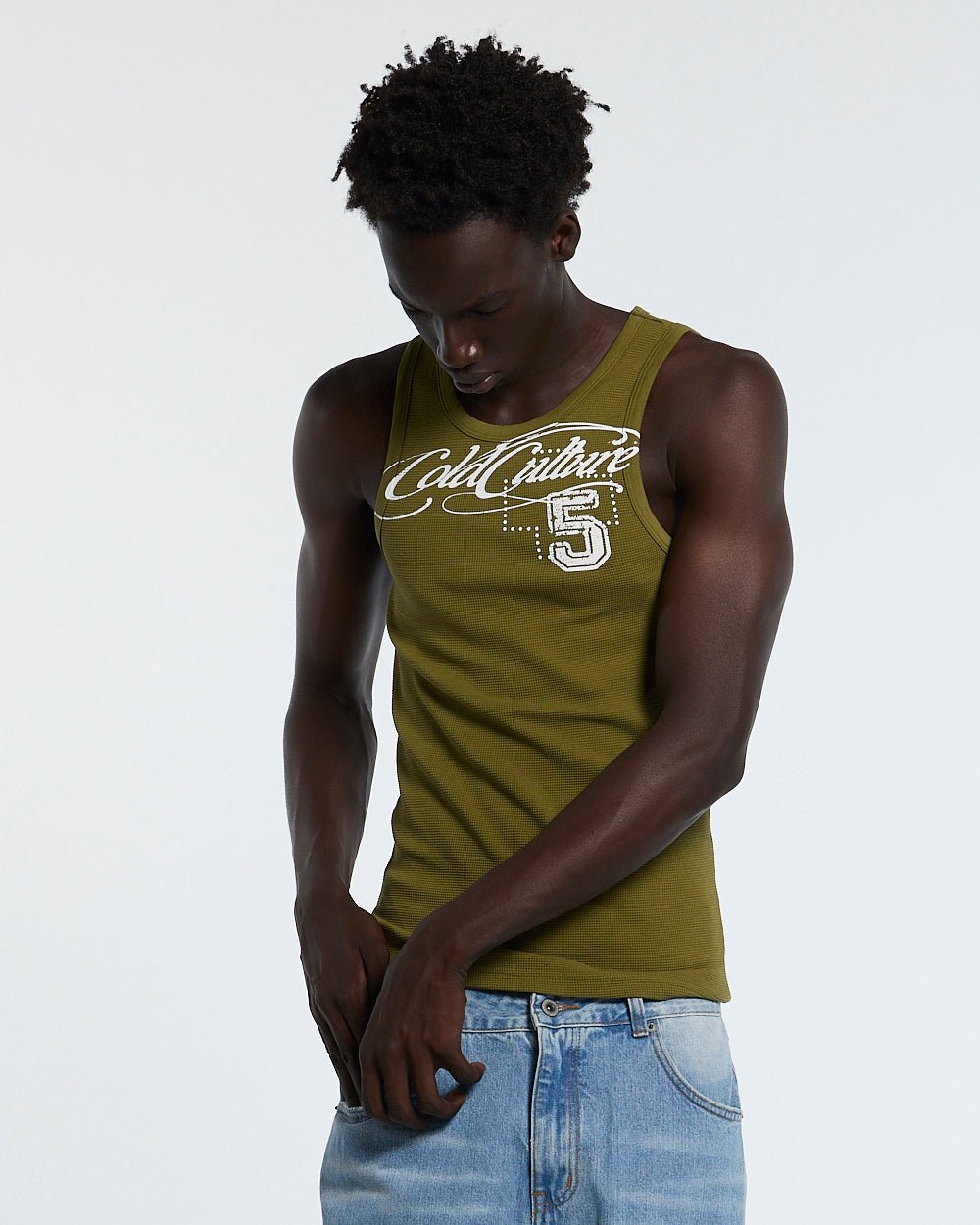 SPEED WAFFLE TANK TOP GREEN - olive green graphic tank top, front view on male model - Cold Culture #man