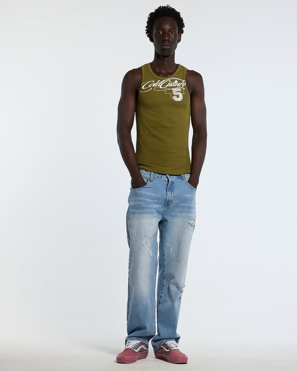 SPEED WAFFLE TANK TOP GREEN - olive green graphic tank top, front view on male model - Cold Culture #man