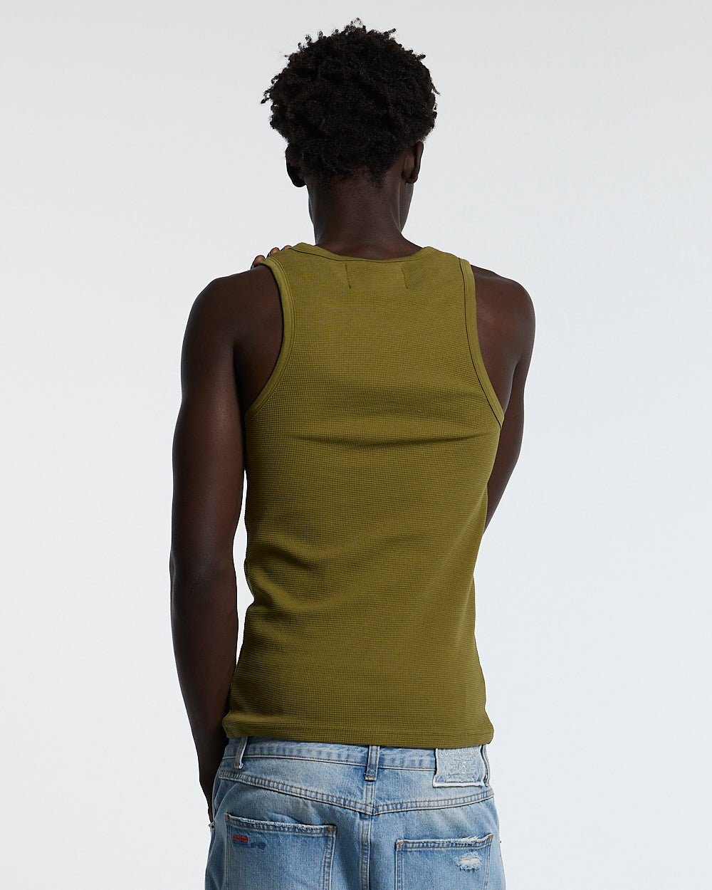 SPEED WAFFLE TANK TOP GREEN - olive green graphic tank top, back view on male model - Cold Culture #man