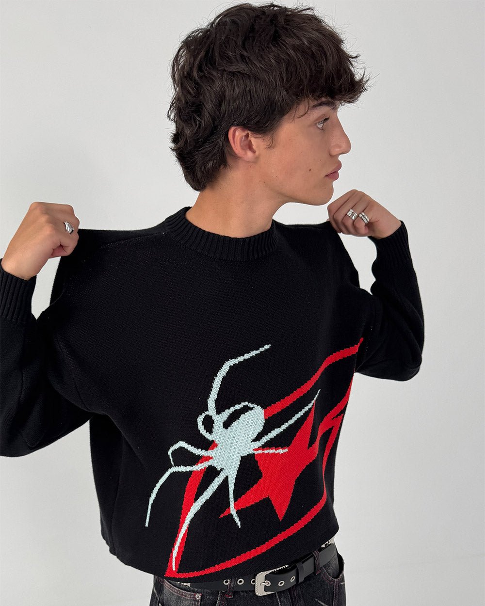 SPIDER KNIT BLACK - black spider print knit sweater, on model close-up - Cold Culture #man