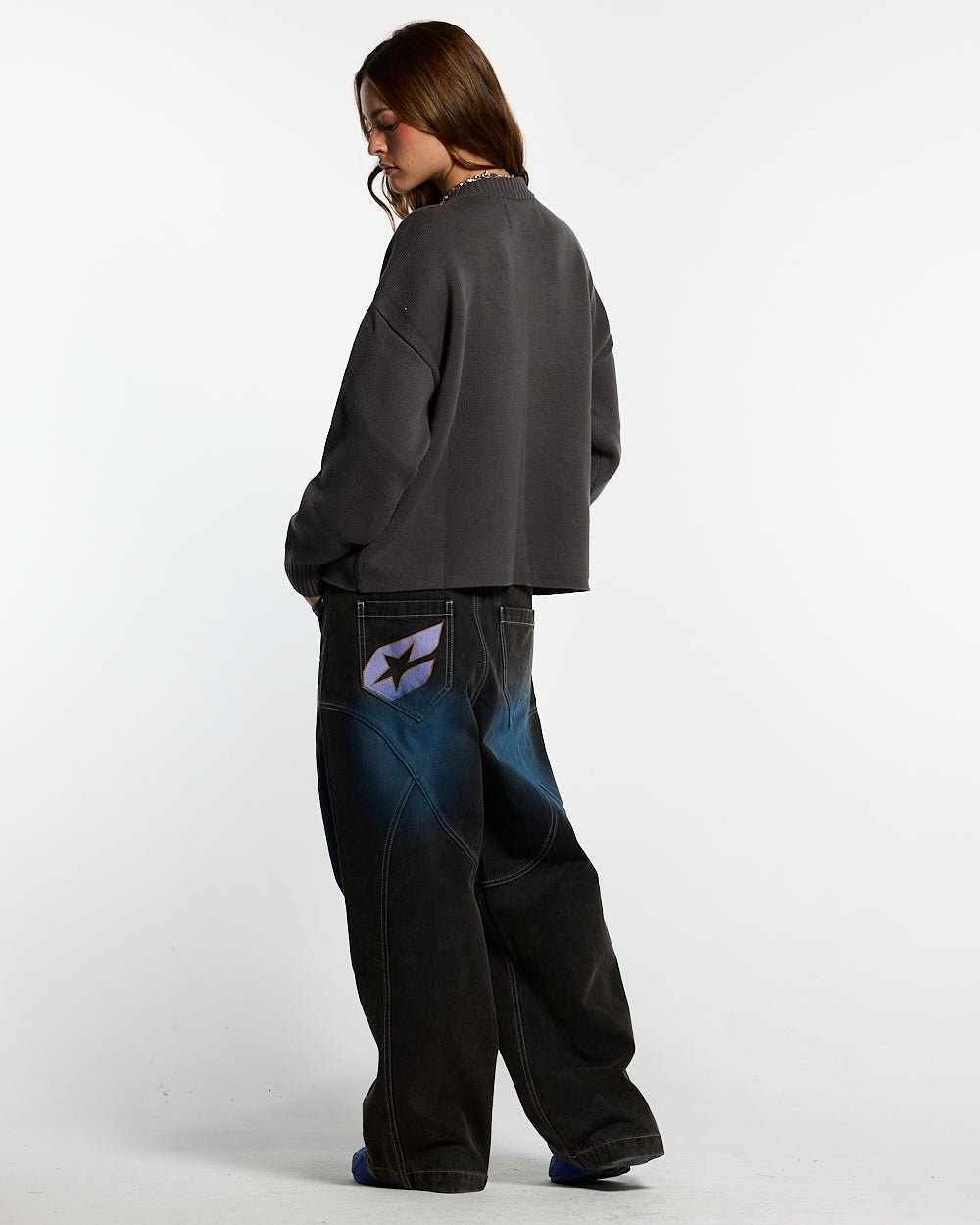 SPIDER KNIT GREY - grey spider print knit sweater, back view on female model - Cold Culture #woman