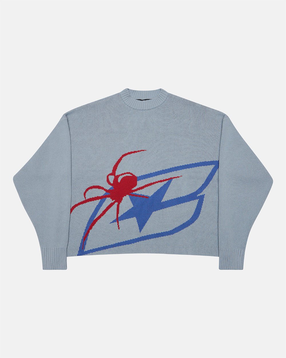 SPIDER KNIT LIGHT BLUE - light blue spider print knit sweater, front view - Cold Culture #packshot