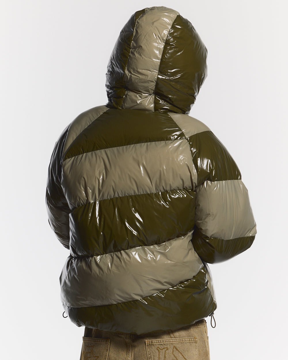 SPIRAL PUFFER GLOSSY GREEN MIX - green striped puffer jacket, back view on male model - Cold Culture
