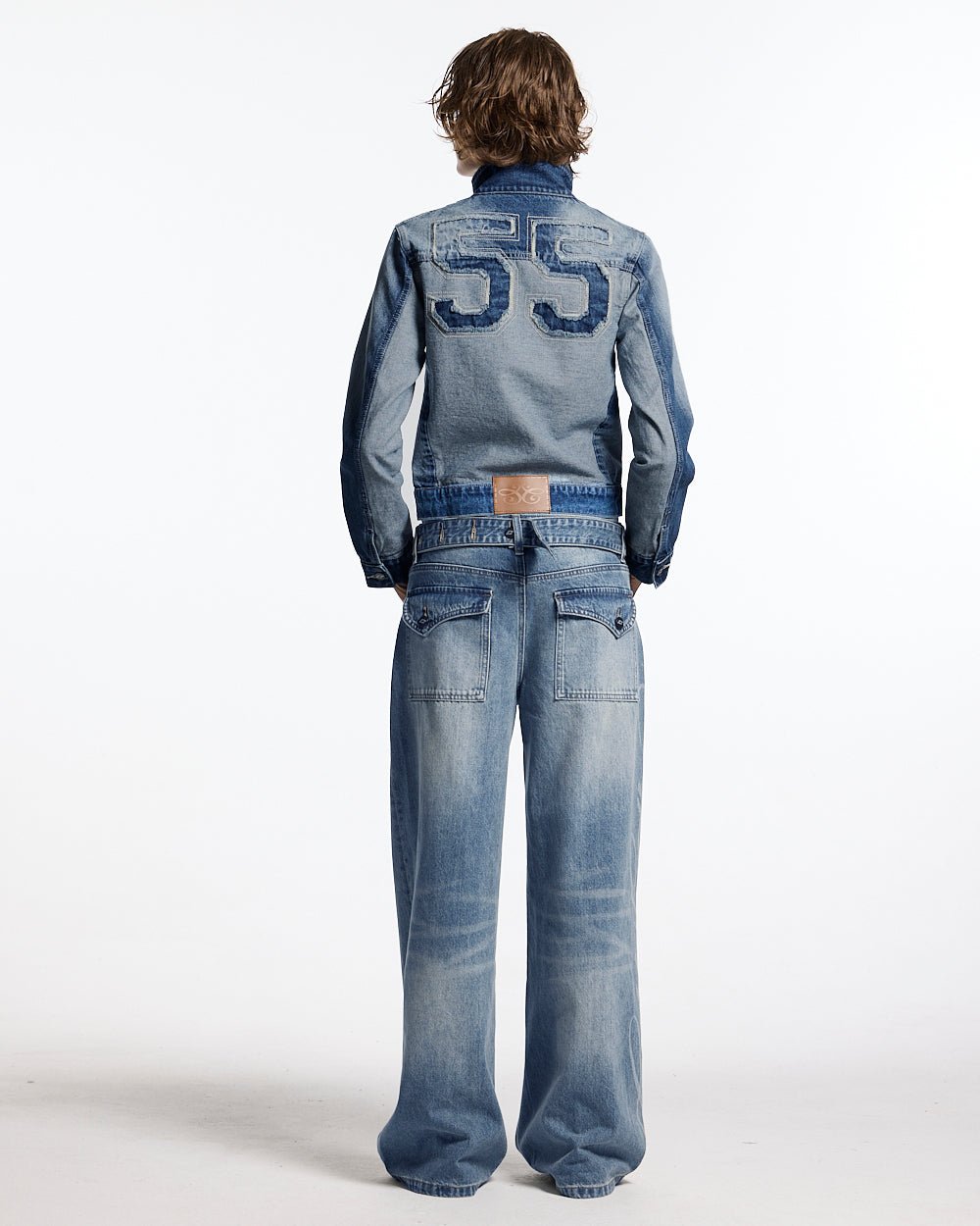 SPLIT ZIP JACKET BLUE - blue denim zip jacket, back view on female model - Cold Culture #woman