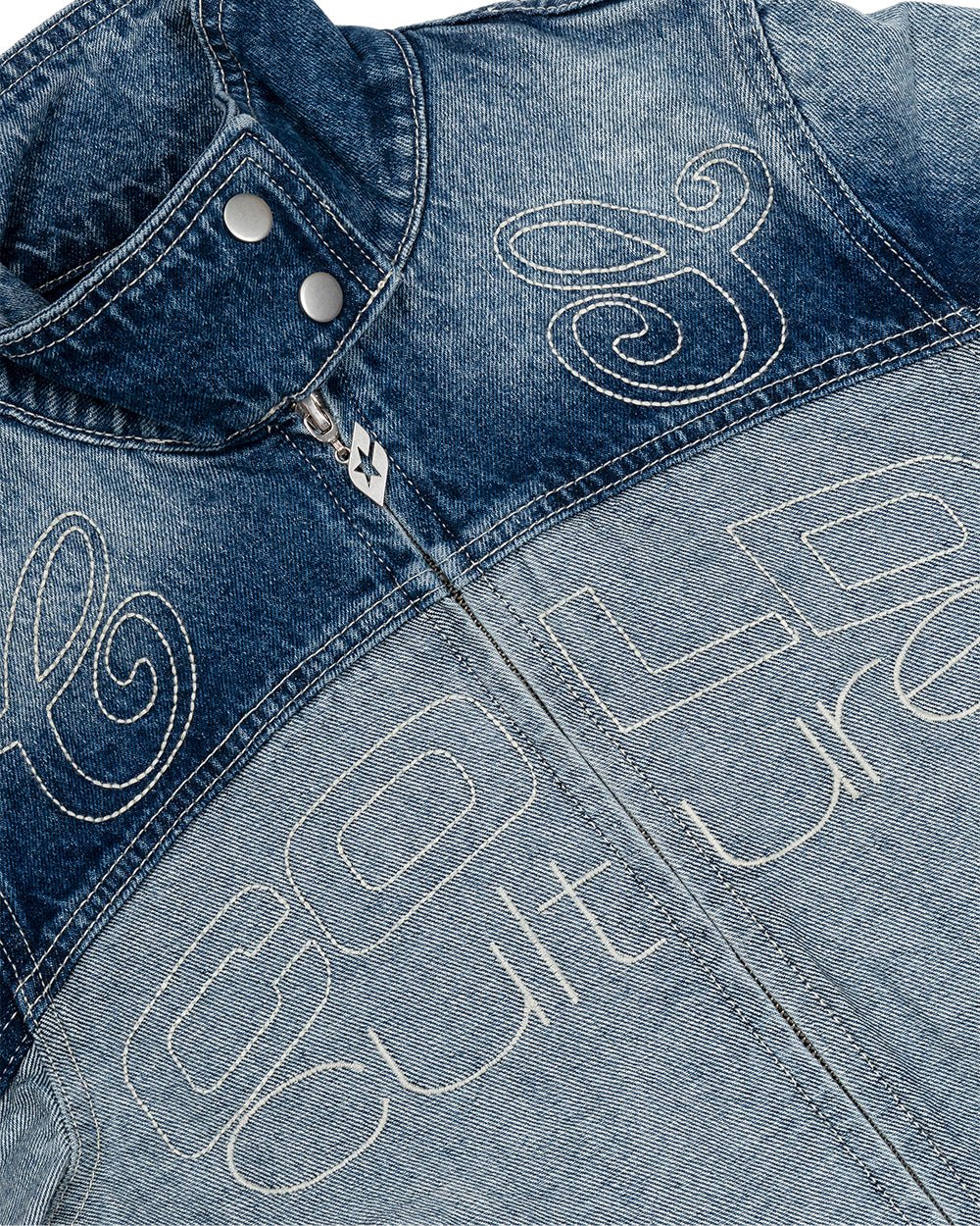 SPLIT ZIP JACKET BLUE - blue denim zip jacket, detail close-up - Cold Culture