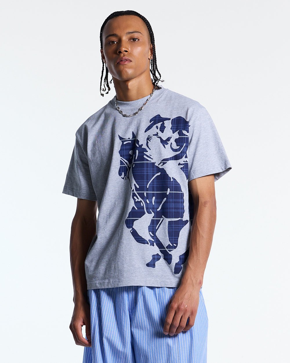 STALLION TEE HEATHER GREY - heather grey graphic print tee, front view on male model - Cold Culture #man