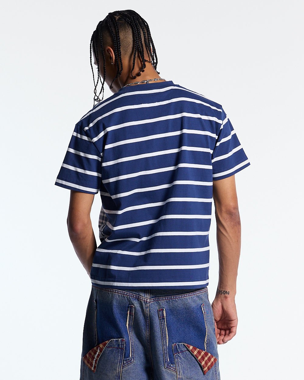 STALLION TEE NAVY - navy striped tee, back view on male model - Cold Culture #man
