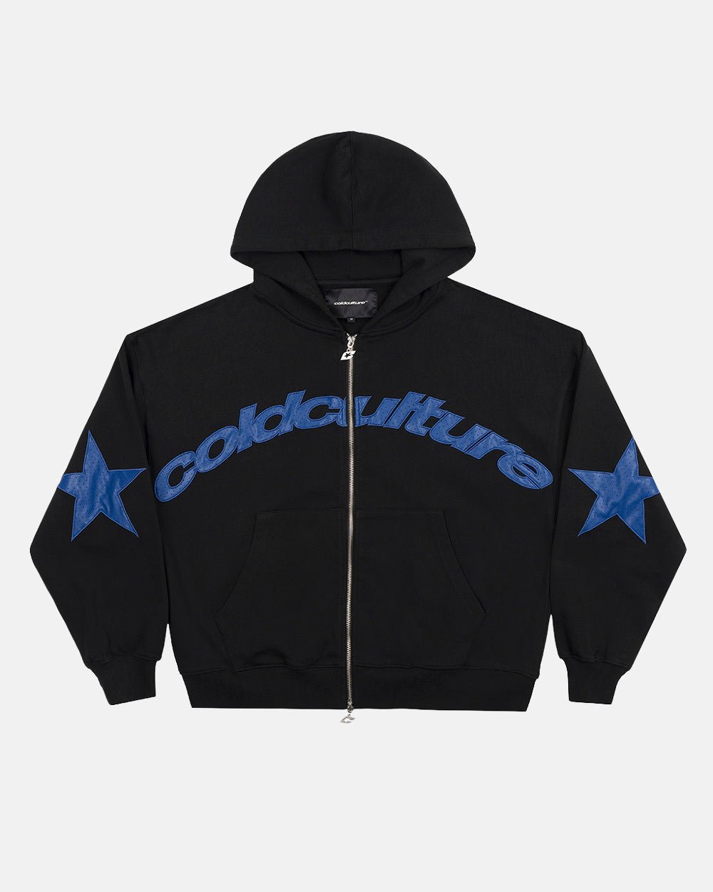 STAR CURVED ZIP HOODIE BLACK - black zip-up hoodie, front view - Cold Culture #packshot