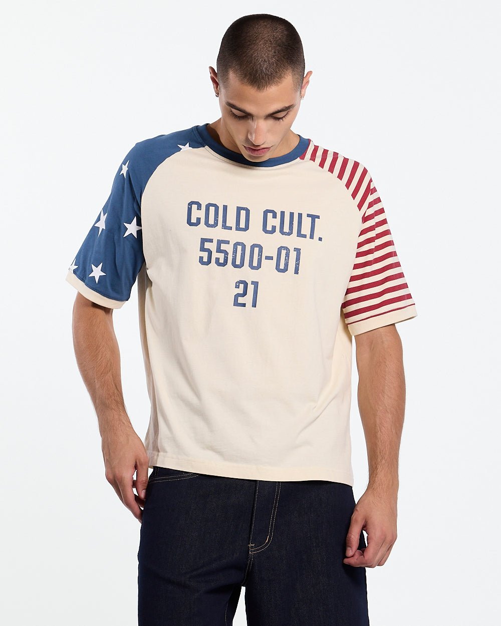STARRY NIGHT TEE WHITE - white american flag tee, front view on male model - Cold Culture #man